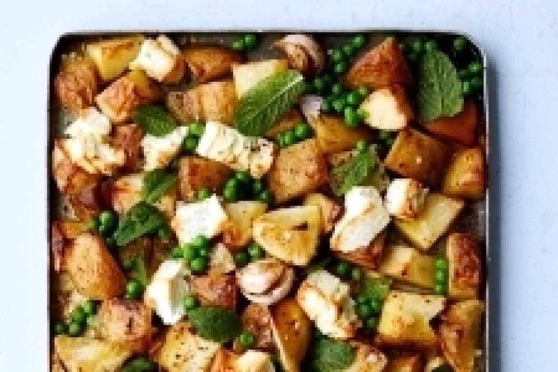Противень с горохом, картофелем, лимоном и сыром фета
